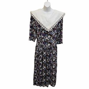 Donna Fay Vintage 80’s Collard Lace Trimmed Dress Midi Short Sleeve Floral XL